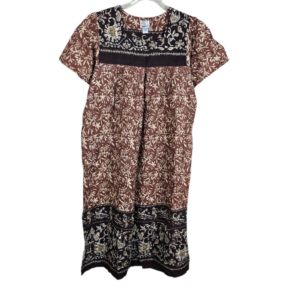 Vintage Daffodil Kaftan Muumuu Sz 1X Brown Floral Maxi Grandmacore